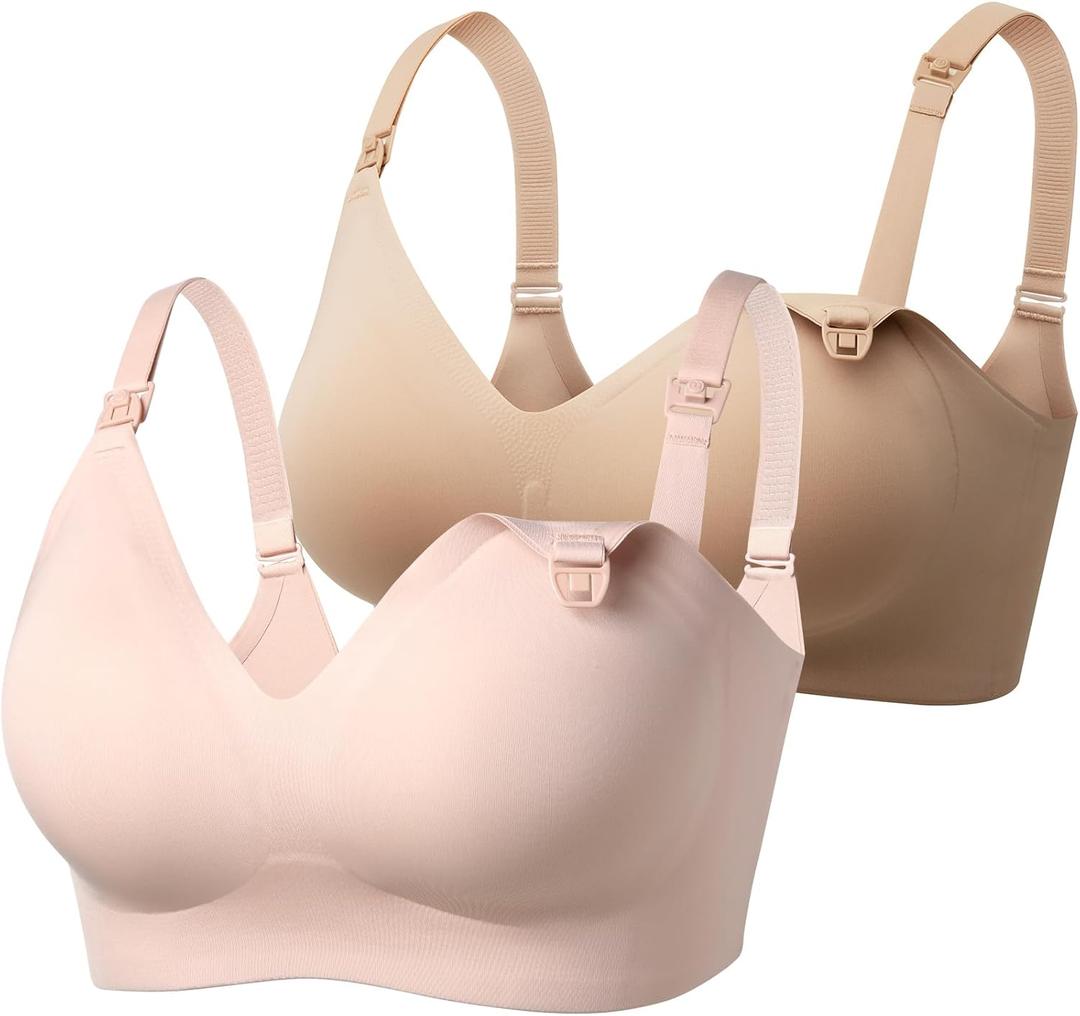 Momcozy Nursing Bras for Breastfeeding, YN21 Seamless Ultra Comfort Maternity Bra, Natural Shape, Pregnancy Sleep Bralette (X-Large, 2 Pack-oyster Pink,maple Sugar)