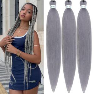 Gray Braiding Hair Pre stretched Prefeathered 30inch Synthetic Yaki Ez Braid Braiding Hair (Grey-Grey)