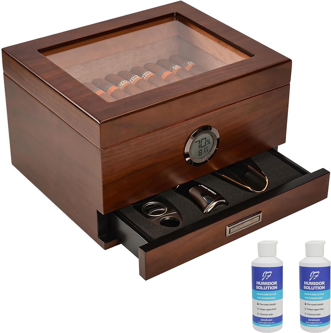 Cigar Humidor, Handcrafted Spanish Cedar Glass Top Humidor, Cigar Desktop Box Accurate Digital Hygrometer with 2 Humidor Solution(25-55 Cigars) by Jansfuren