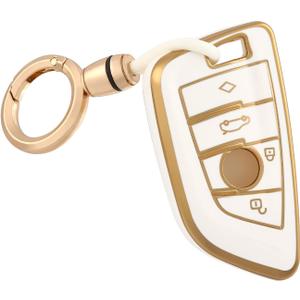 Suitable for BMW Key Fob Cover, Soft TPU Full Protection Key Case with Keychain for BMW X1 X2 X3 X5 X6 X7 and 2 5 6 7 Series Key Fob Holder, Gold White