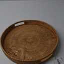 Rattan Serving Tray, Wicker Round Fruit/Bread Serving Basket, Extra Large Decorative Ottoman Tray for Living Room, Coffee Table, Breakfast, 16.9 inch