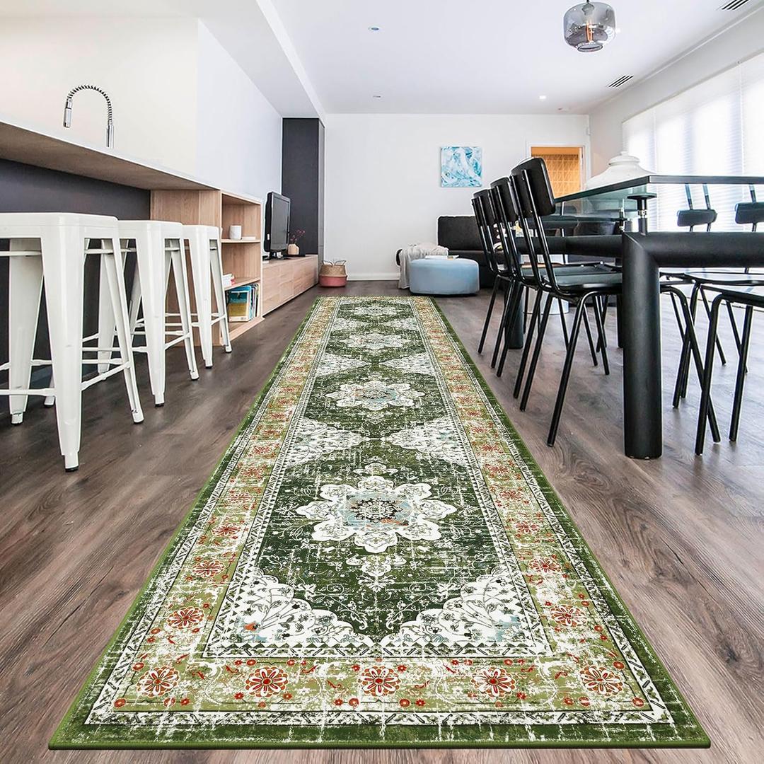 Ileading Vintage Runner Rug for Hallway 2.6x12FT, Machine Washable Extended Entryway Rug Runners with Rubber Backing, Non Slip Kitchen Floor Mat for Livingroom Corridor Indoor Doormat (Green 2.6x12ft)