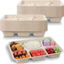 50 Pack 6 Compartment Disposable Plates, Heavy Duty Paper Plates with Compartments, Compostable Bagasse Plate for School, Party & Catering Trays, 11"x8"