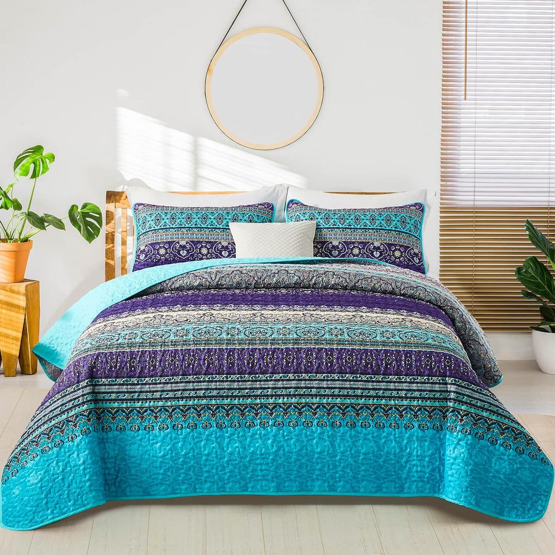 WONGS BEDDING Boho Quilt King Size, Blue Purple Bohemian King Quilt, Lightweight Microfiber Bed Decor Bedspread for All Season 103"x90"(3 Pieces)