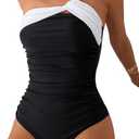 Sexybody Women' s One Piece Swimsuits One Shoulder Bathing Suits Ruched Tummy Control Bandeau Swimsuit Color Block XL