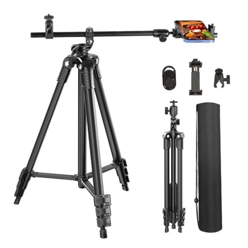 Arsoer Adjustable Height Tripod with Horizontal Column and Removable Clip Mount for Overhead Shot, 360 Rotation Tripod Stand with Wireless Remote/Carry Bag for iPhone/Webcam