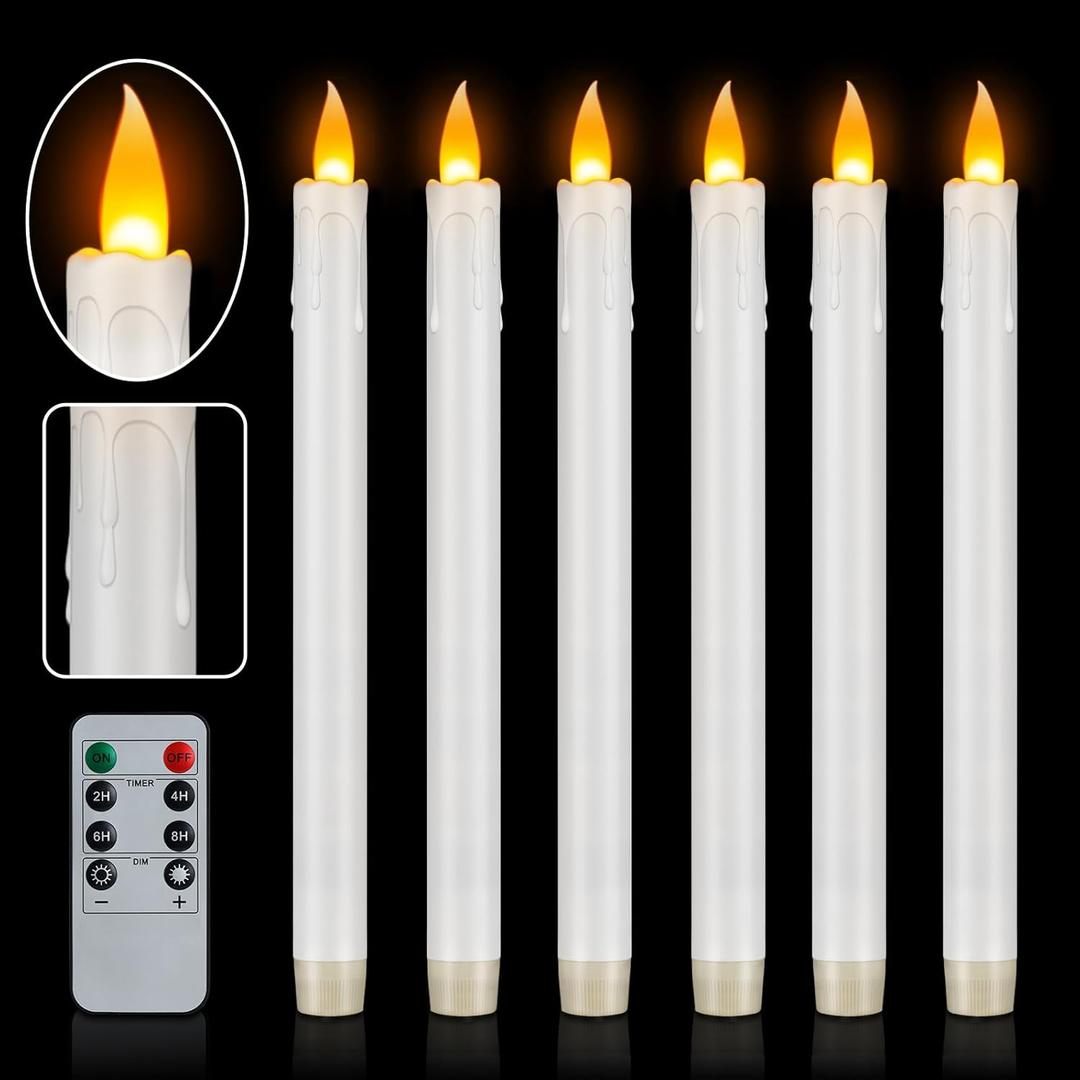 10" Flameless Taper Candles with Remote, 6 Pcs White Electric Led candlesticks, PlasticTall Taper Candles Battery Operated with Flickering Flame for Halloween Christmas Wedding Home Dcor