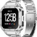 Stainless Steel Watch Band with Case Compatible for Fitbit Versa/Fitbit Sense Bands, Rugged Protective Bumper Metal Wristbands for Men Women (Silver)
