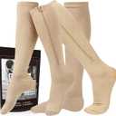Zipper Compression Socks, 2 Pairs 15-20 mmHg Closed Toe Compression Stockings for Men Women (Large-X-Large, Beige)