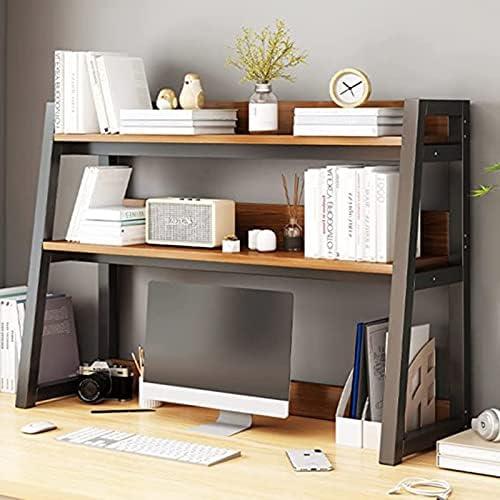 2-Tier Desktop Organizer Rack - Small Bookshelf for Office & Home, Wood & Metal Desk Storage Shelf, Stylish Display for Books & Supplies - Black Finish