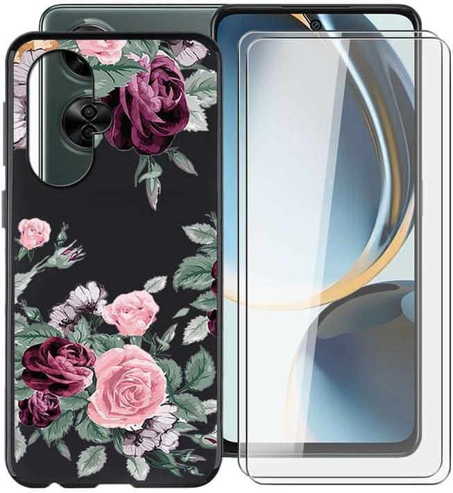 Phone Case for OnePlus Nord N30 (6.72") with 2 X Tempered Glass Screen Protector, Ultra-Thin Silicone Shockproof Shell, Soft TPU Bumper Case for OnePlus Nord N30 - Red Rose