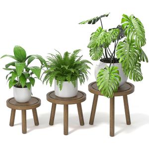 3-Pack Wood Plant Stands Indoor, Single Plant Stand for 6-12 Inch Pots, Mid-Century Modern Plant Stool, Tall Plant Stand for Large Plants for Living Room, Balcony, Office (Dark Gray)