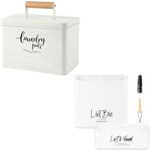 PERFNIQUE Laundry Pods Container with Magnetic Lint Bin for Laundry Room, Modern Farmhouse Laundry Pods Holder with Lid for Laundry Room Decor and Accessories, Large&Small Lint Trash Can Set