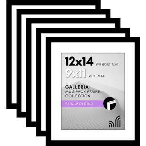 Americanflat 12x14 Picture Frame with Polished Plexiglass - Set of 5 - Use as 9x11 Frame with Mat or Display 12x14 Photo Without Mat - Galleria Collection - Picture Frames for Wall Display - Black