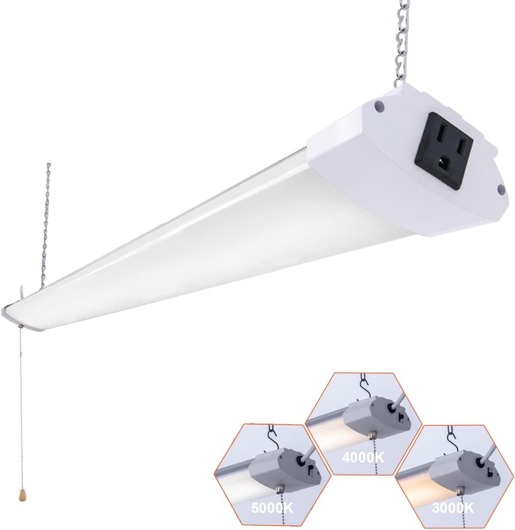 1 Pack LED Shop Light 4FT 48W Linkable Utility Integrated Ceiling Lighting Fixture, 3 Colors Selectable Hanging&Ceiling Mount with Pull Chain LED Workbench Light for Workshop,Garage
