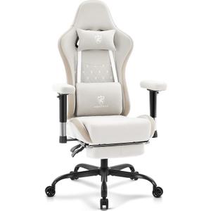 Gaming Chair Breathable Fabric,Computer Office Chair with Footrest,Massage Lumbar Support and Gel Pad,Ergonomic Reclining Gamer Chair with Adjustable Armrests and Spring Cushion Beige