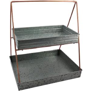 Benzara Galvanized Metal Two Tiered Rectangular Serving Tray, Gray