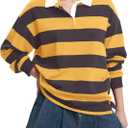 Women Long Sleeve Striped Polo Shirt Oversized Collar Y2k Pullover T Shirt Casual Loose Streetwear Rugby Sweatshirt (Large, Yellow-grey)