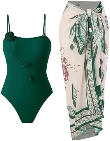 BAWHAHT One Piece Swimsuit Women with Cover Up Set Retro Bathing Suit for Women Tummy Control Beach Wrap Skirt Size M