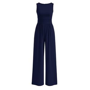 PRETTYGARDEN One Piece Jumpsuits for Women Dressy Casual Sleeveless Crewneck Wide Leg Rompers Jumpers Vacation Summer Outfits(Navy, M)
