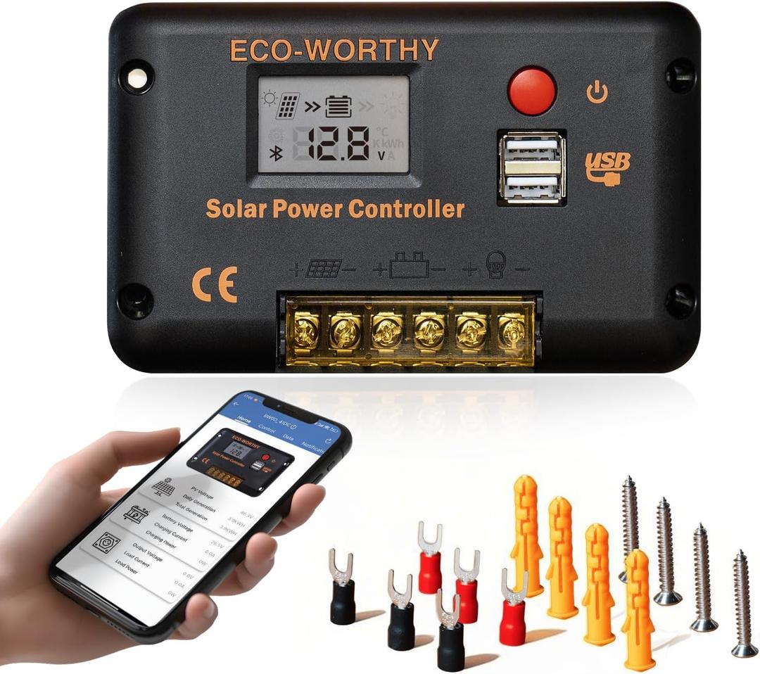 ECO-WORTHY 30A Solar Charger Controller Bluetooth,Solar Panel Battery Intelligent Regulator with Dual USB Ports Auto 12/24V PWM Negative Ground for Lithium,Lead-Acid,Gel Battery