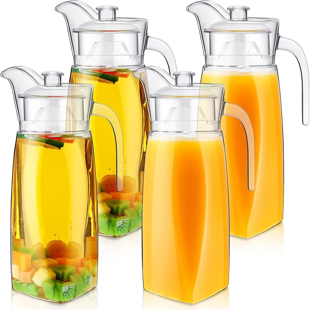 4 Pack Acrylic Water Pitcher with Lid and Spout Handle Clear Plastic Pitcher Heat Resistant Plastic Carafe Unbreakable Beverage Container Fridge Jug for Juice Iced Tea Sangria Lemonade (54 oz)