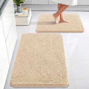 OLANLY Bathroom Rugs Sets 2 Piece, Soft Absorbent Chenille Bath Mats Area Rug Set, Non-Slip, Quick Dry, Machine Washable Bath Mats for Bathroom, Home Decor Accessories (30"x20"+24"x16", Beige)