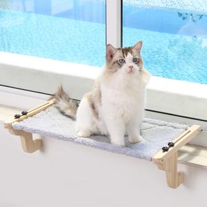 Zakkart Easy Seat Cat Perch for Window Sill - Hammock Design w/Pine Wood & Robust Metal Frame - Cat Window Seat for Large Cats and Kittens (Natural Color Wood w/Gray Bed, Large (26''W x 14''D)) 