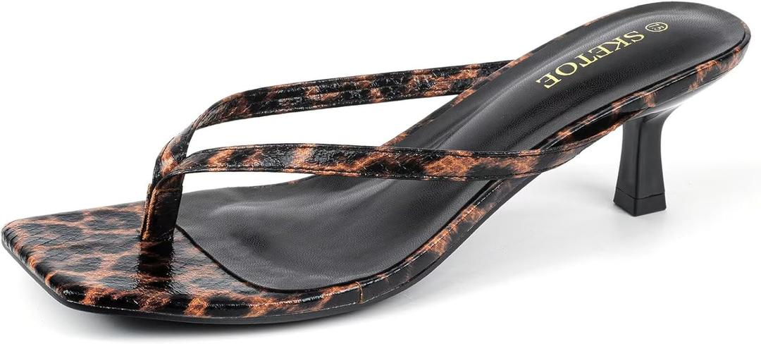 Kitten Heels for Women Square Toe Sandals Flip Flop Heels Thong Sandals Comfortable Summer 2 Inch Heels Sandals (8.5, Leopard)