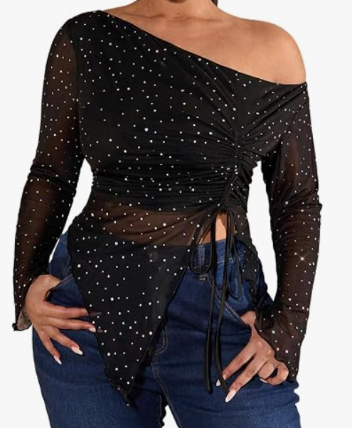RoseSeek Women's Plus Size Sheer Mesh Off Shoulder Tops Long Sleeve Drawstring Asymmetrical Hem Ruched T Shirt, 5XL