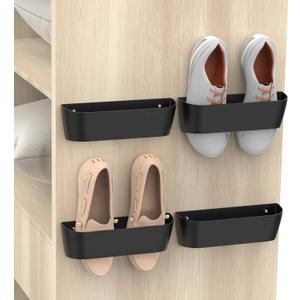 Wall Mounted Shoes Rack 4Pack with Sticky Hanging Strips, Plastic Shoes Holder Storage Organizer,Door Shoe Hangers (SM03-Black-4)