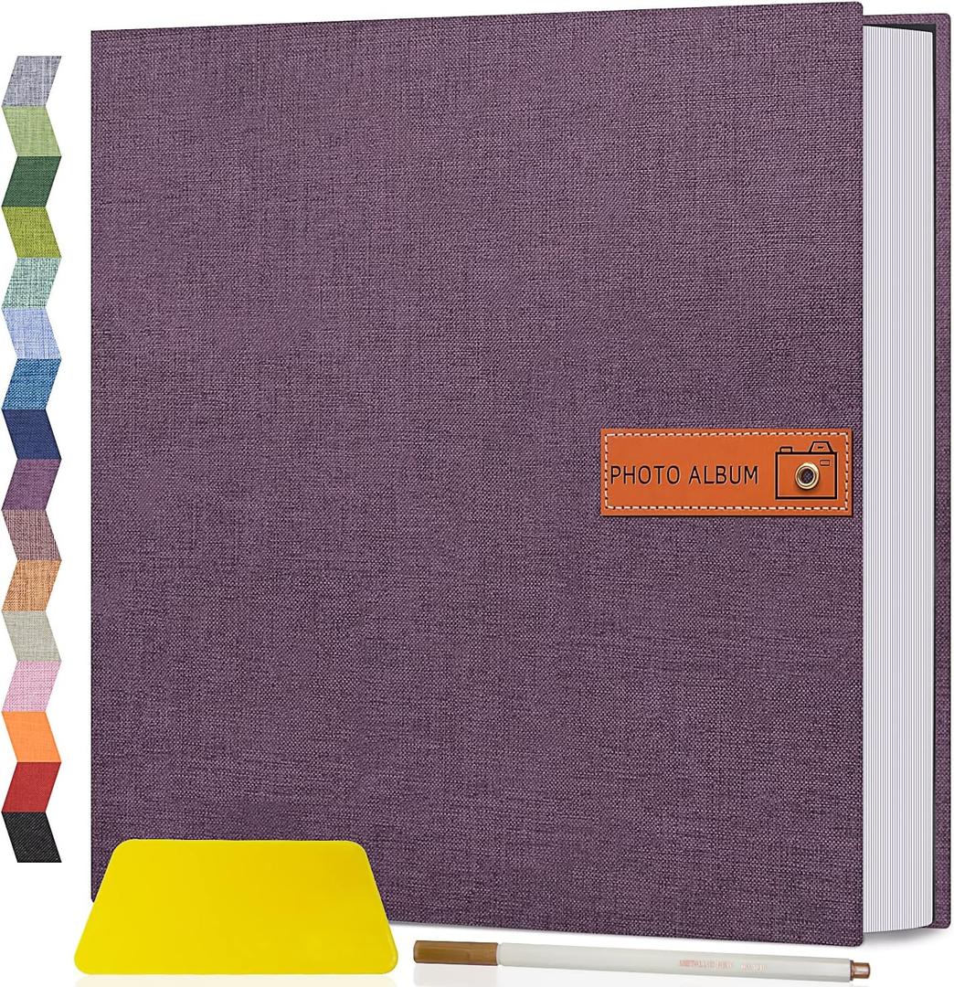 Popotop Large Photo Album Self Adhesive 4x6 5x7 8x10 Scrapbook Album DIY Picture Book,Gifts for Mom,Family Baby and Wedding,with Metal Pen and Plastic Board (Dark purple)