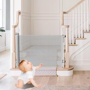 Retractable Baby Gates for Stairs Doorways Hallways, Soft Mesh Safety Retractable Dog Gate for Pet, Indoor Or Outdoor Use, Easy Installation,33.6" Tall,Expands to 55" Wide, White 