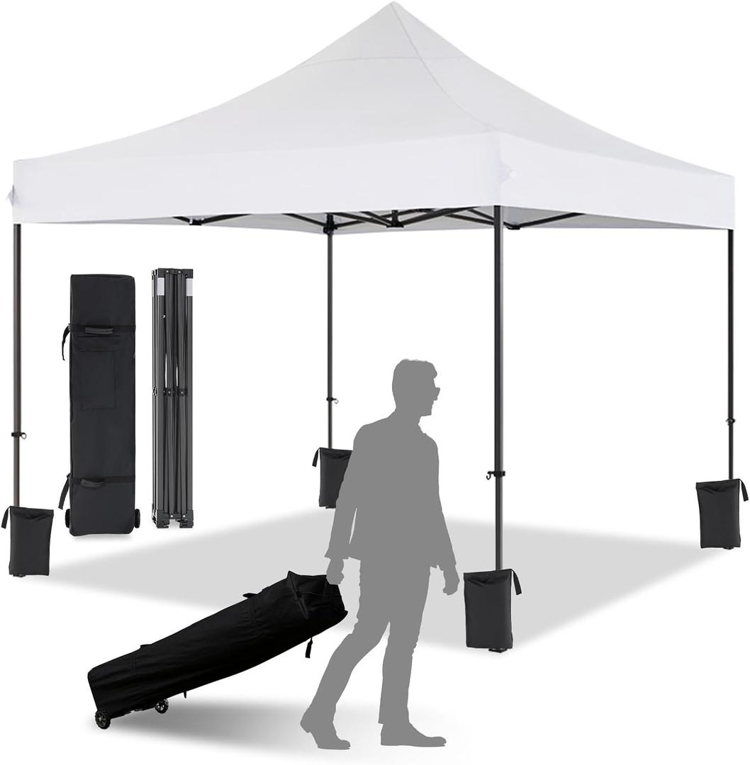 10x10 Pop Up Canopy with Wheeled Bag, Commercial Portable Canopy Tent, Easy Set Up, 4 Stakes & 4Sandbags & 4 Ropes, Waterproof Outdoor Shelter for Market, Parties, White