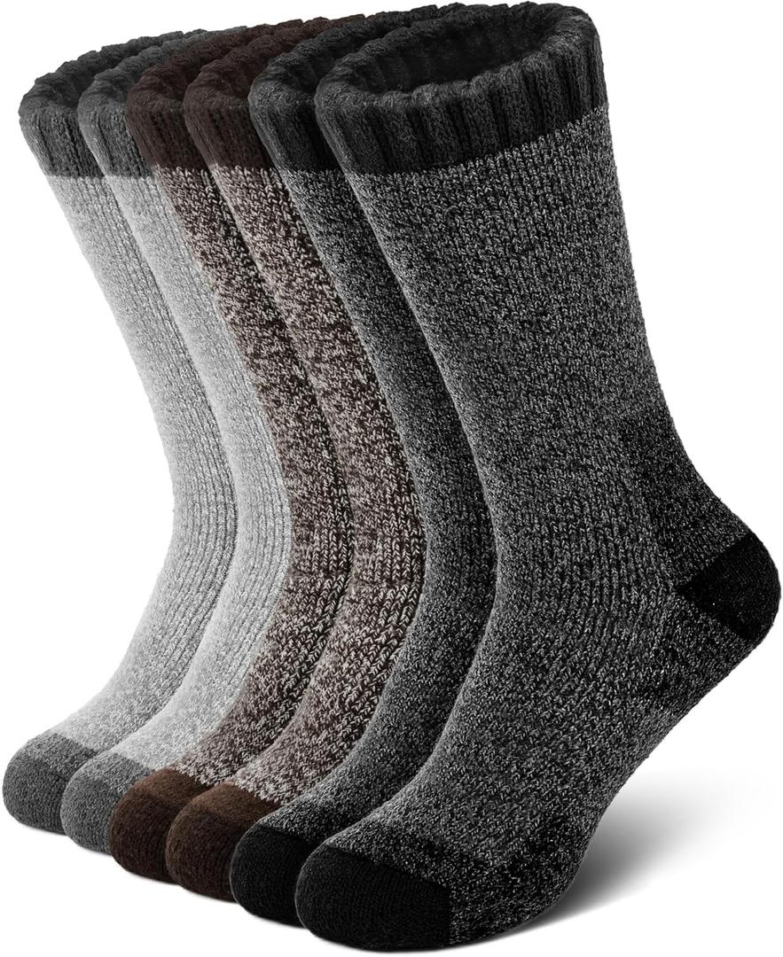 Senker Fashion Merino Wool Socks for Men Women, Hiking Thermal Warm Thick Crew Sock for Winter Outdoors Work 3 Pairs (Medium, Black Brown Grey)