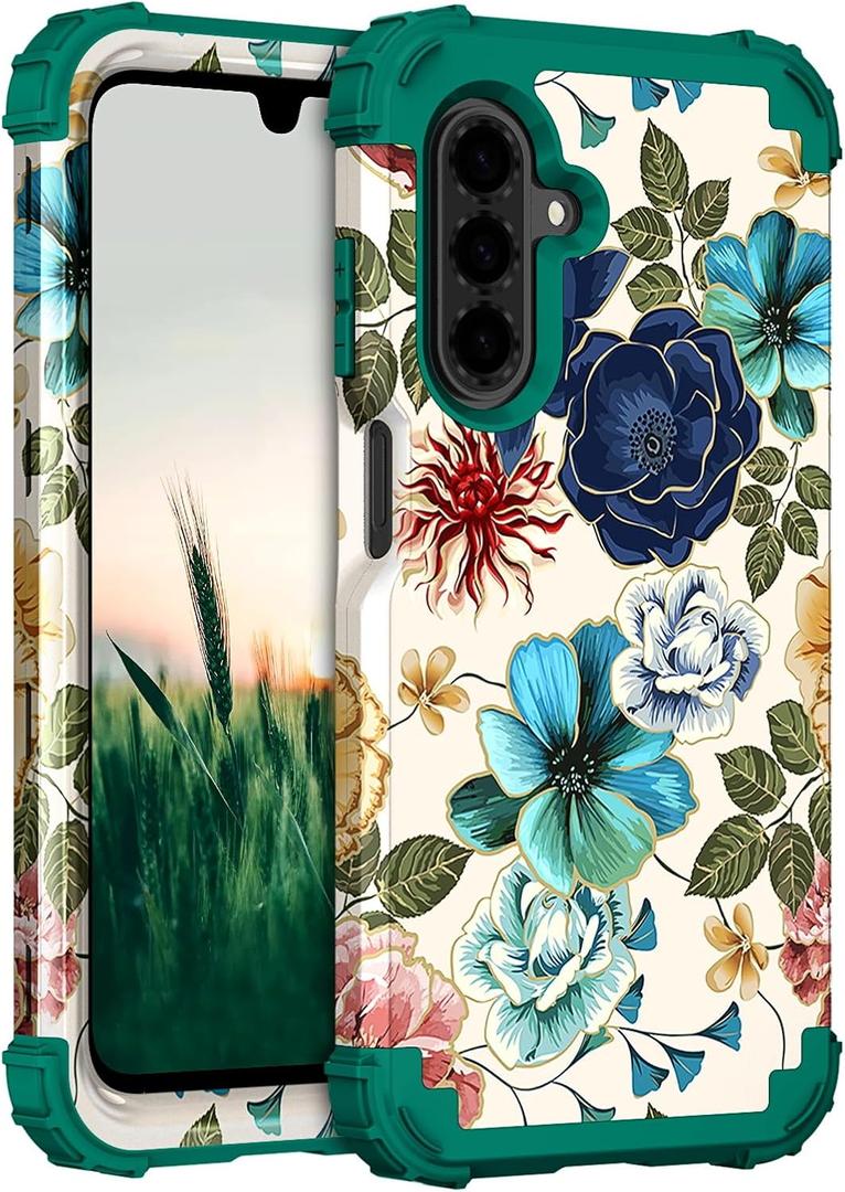 Hocase for Galaxy A26 5G Case, Heavy Duty Shockproof Protection Soft Silicone Rubber Bumper+Hard Plastic Hybrid Protective Case for Samsung Galaxy A26 5G (6.7" Display) 2025 - Teal Flowers