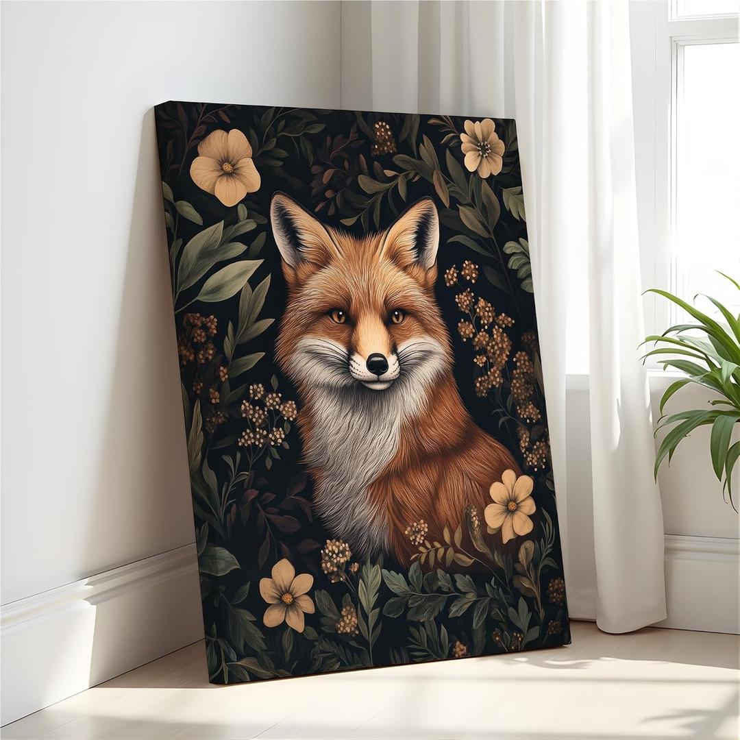 Red Fox Art Print Canvas Wrapped Painting, William Morris Style Retro Mid Century Botanical Victorian Dark Academia Gothic Decor Gallery 10b (Red Fox, 20"L x 16"W CANVAS, Wrapped Canvas)