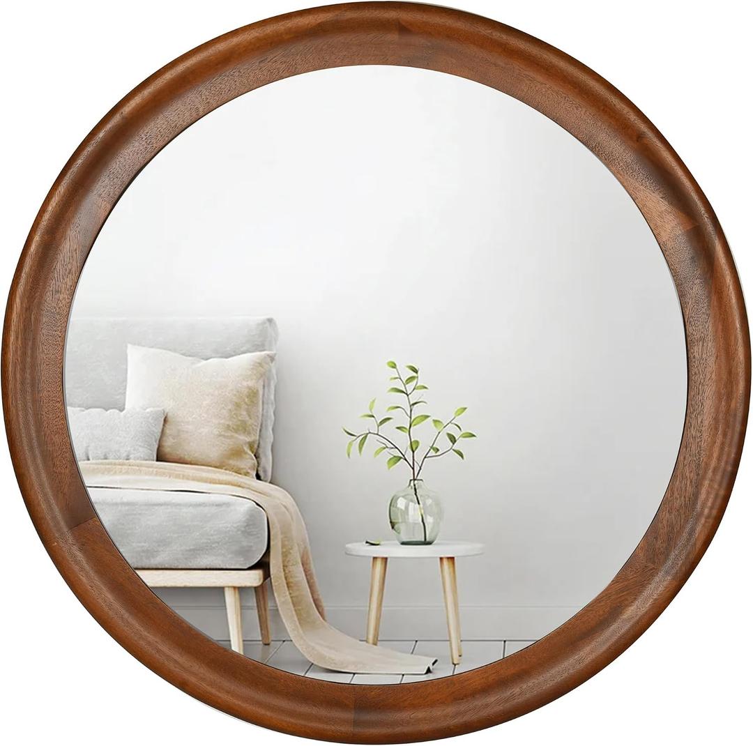 CULER Round Wall Mirrors 24 Inch,Wood Rustic Decorative Transitional Mirror with Walnut Frame for Wall,Farmhouse Hanging Vanity Mirror for Bathroom Bedroom Living Room or EntrywayWalnut Brown