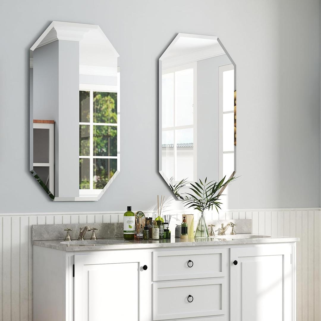 Chende 2PCS Bathroom Wall Mirror, 20" x 40" Large Frameless Mirror with Beveled Edge, Octagonal Beveled Mirror for Living Room, Bedroom, Entryway, Hallway (20 x 40-Inch)