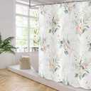Spring Pink Floral Shower Curtain, Weighted Bottom Sage Green Eucalyptus Leaf Watercolor Botanical Plants with Gold Branches Fabric Bathroom Curtain Home Decor Waterproof Washable with 12 Hooks