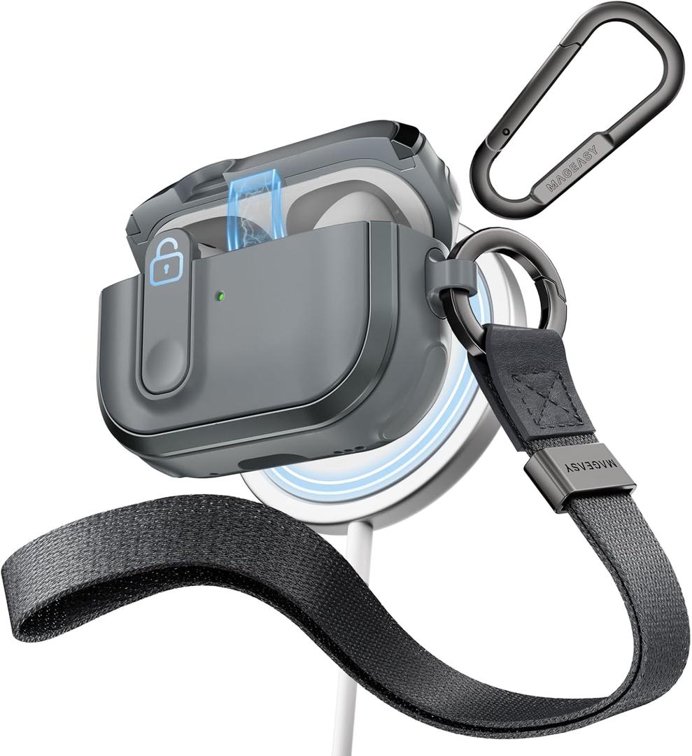MAGEASY Odyssey AirPods 1st & 2nd Generation Case Cover with Lock, Travel Clip & Wrist Strap for Drop Protection, MagSafe Charging Compatible Apple AirPod Pro 1 2 Gen (Metal Blue Grey)