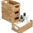 4 Small 3.6 QT Water Hyacinth Wicker Baskets for Shelves, 10" Long Woven Pantry Organizers and Storage Basket, Decorative Ratten Shallow Rectangle Baskets for Organizing Countertop Bathroom