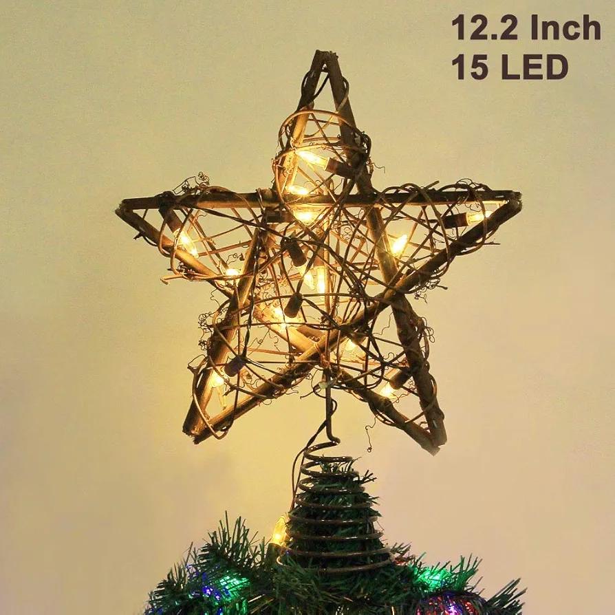Twinkle Star Christmas Star Tree Topper, Rustic Rattan Treetop with 15 LED Lights Christmas Tree Holiday Xmas Party Decorations, 12.2 Inch (H)