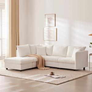 Favfurish 89" Modern Sectional Sofa with Convertible Ottoman,L-Shape Couch W/ 2 Pillows,Vertical Stripes Design,Various Combinations, Indoor 5-Seat Furniture for Living Room,Apartment,White