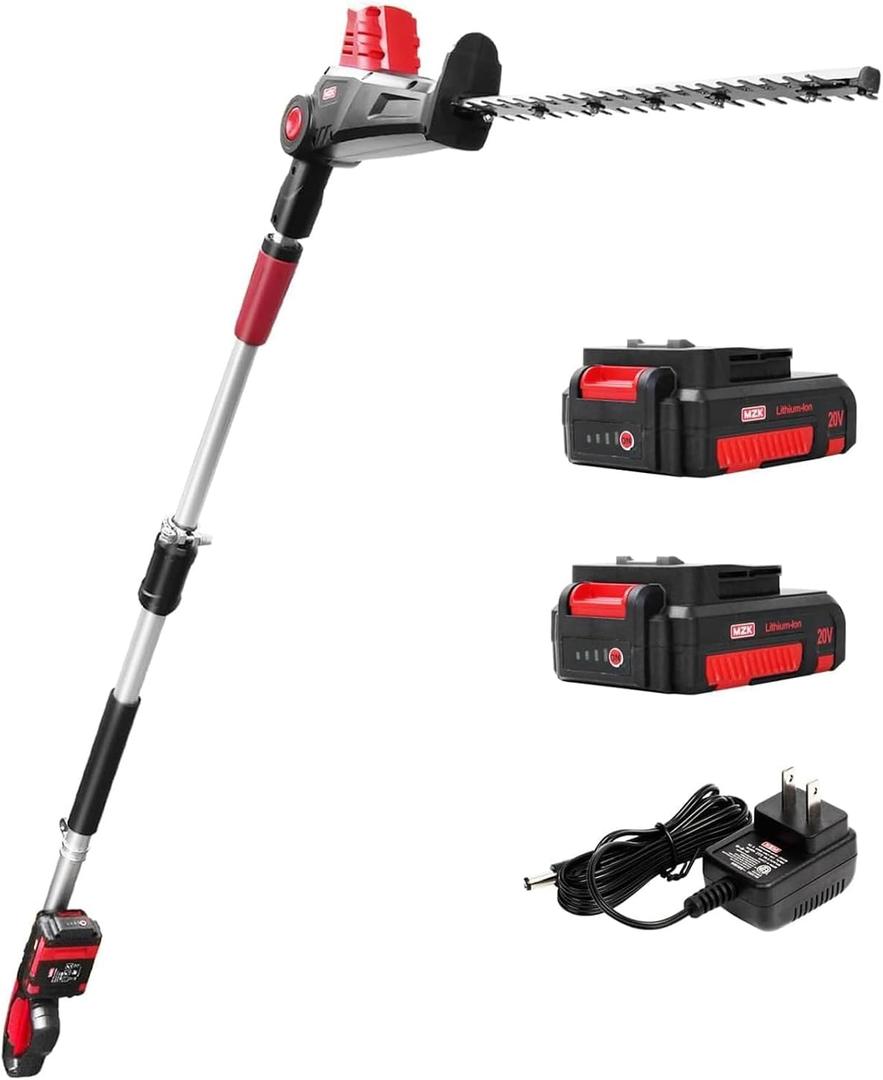 MZK 20V MAX 23-inch Cordless Pole Hedge Trimmer Attachment, 8-Feet Reach, Electric Hedge Trimmer with Extension Pole, Multi-Angle, for Garden Lawn Trimming(Two Batteries and Charger Included)