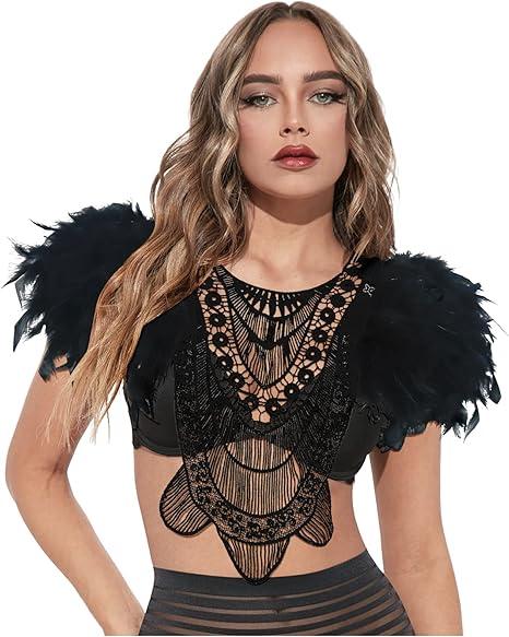 L'VOW Gothic Women Poncho Collar Natural Feather Short Cape Lace Epaulet Shoulder Shrug Wings Halloween Costume