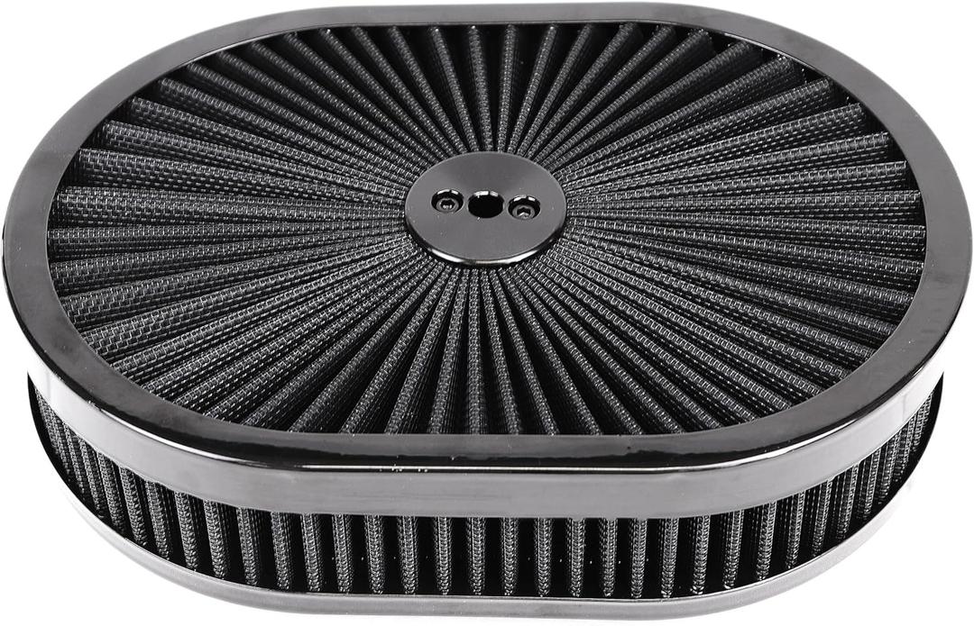Oval 12"x2" Air Cleaner Filter Assembly Kit Compatible with GMC Chevy Ford Chryler Dodge V8 Black 5-1/8" Carb Neck w/Flow-Thru Lid High Flow Chrome 5331ABK