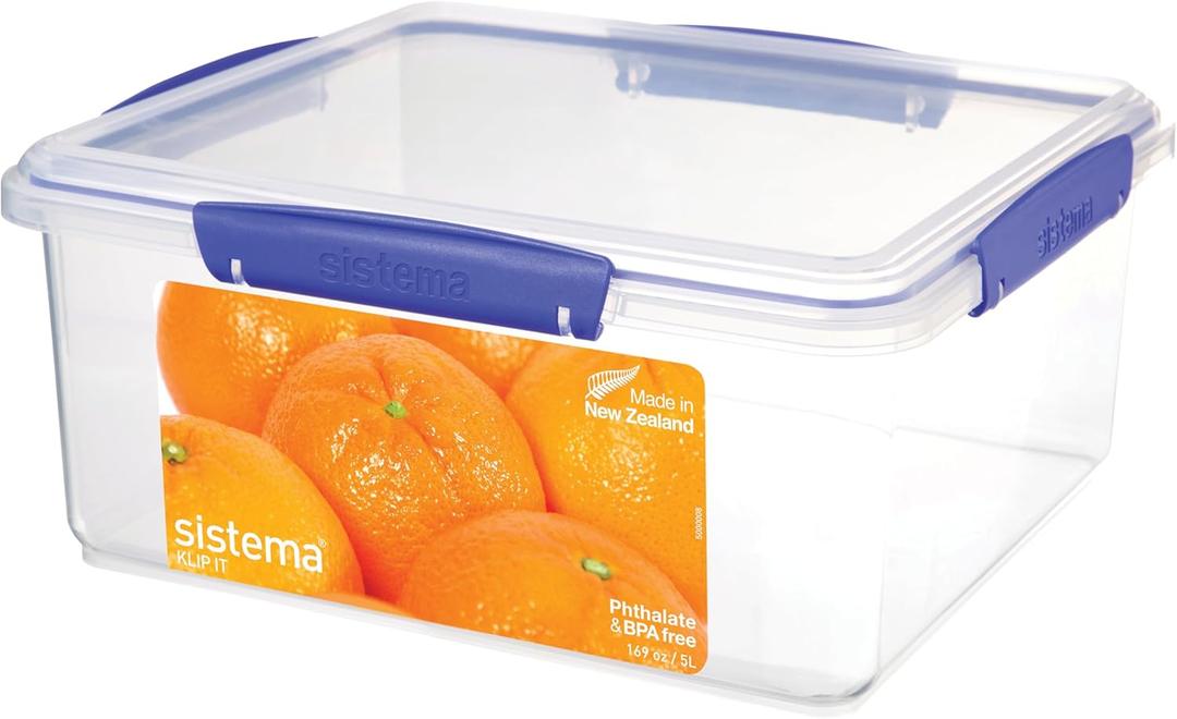 Sistema KLIP IT Food Storage Container, 5 L, Airtight & Stackable, BPA-Free, Clear with Blue Clips (169oz)