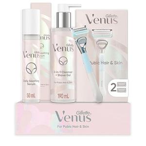 Gillette Venus for Pubic Hair and Skin Shaving Set, Women’s Razor, 1 Handle + 2 Blade Refills + 2-in-1 Cleanser Gillette Venus Intimate Grooming Daily Soothing Serum Reduce Ingrown Hair for Pubic Hair and Skin, Bikini Post Shave Serum.