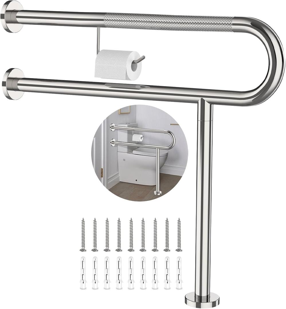 Toilet Grab Bar with Leg 31.5x28 Inch, ZUEXT Chrome Knurled Toilet Support Bar with Toilet Paper Holder,Stainless Steel Wall & Floor Mounted Bathroom Support Rail for Seniors Elderly Disabled Pregnant